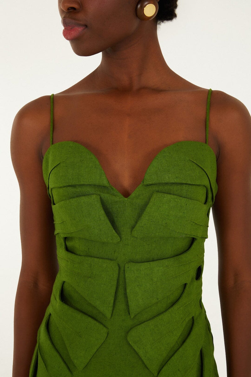 FARM Rio Women'Size S Green Monstera Leaf Sleeveless Linen Maxi Dress