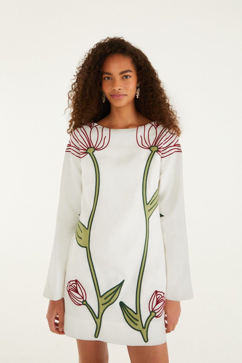 FARM Rio Women's Flower Long-Sleeve Mini Dress - Gray - Mini dresses FARM Rio Women's Flower Long-Sleeve Mini Dress - Gray - Mini dresses