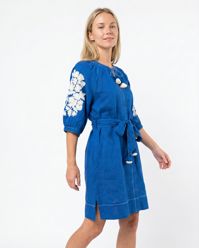 petra embroidered dress The Petra Dress. A sell-out favourite, back with delicate embroidery and  that unmistakable blue linen that feels like summer