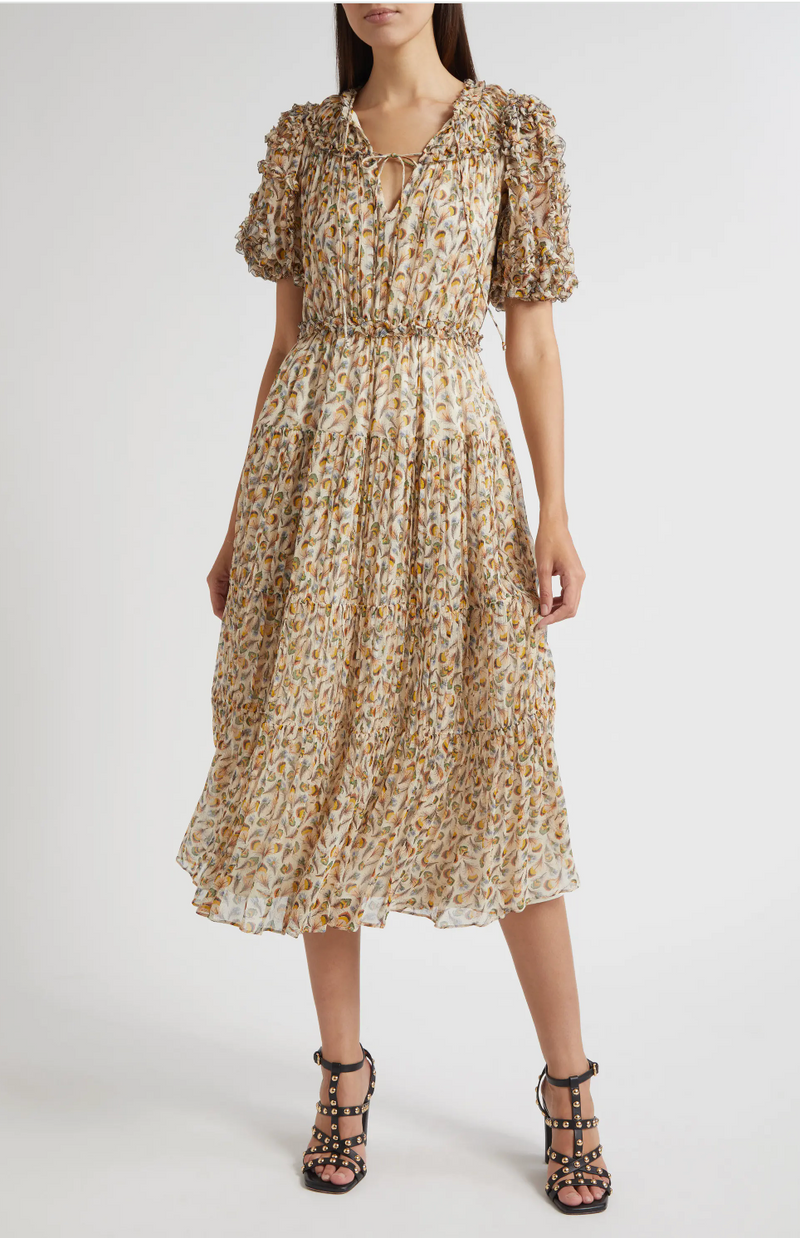 Ulla Johnson Nan Ruffle Puff Sleeve Silk Midi Dress in Swan at Nordstrom, Size 2 Ulla Johnson Nan Ruffle Puff Sleeve Silk Midi Dress in Swan at Nordstrom, Size 2