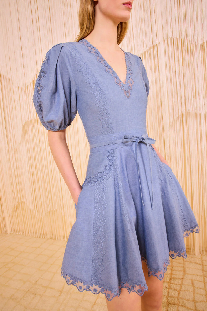 Ulla Johnson Women's Camila Lace-Trim Cotton A-Line Minidress - Chambray - Size 0 Ulla Johnson Women's Camila Lace-Trim Cotton A-Line Minidress - Chambray - Size 0