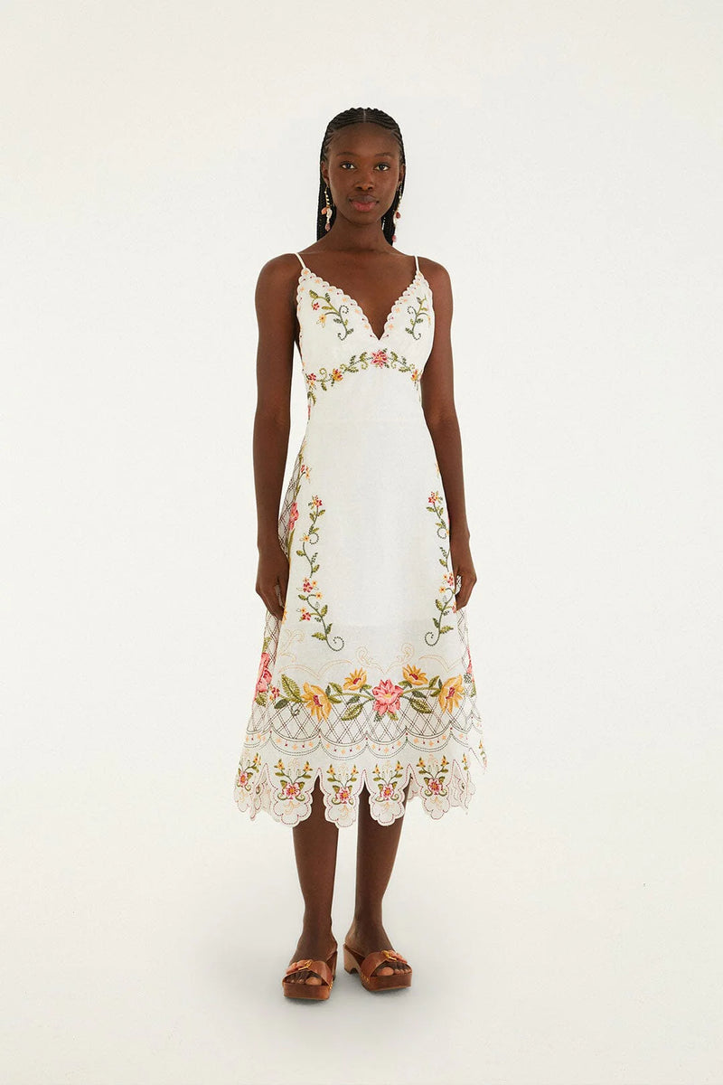 Farm Rio Women's Embroidered Midi Dress - Ivory/Cream - Size M - Off-white