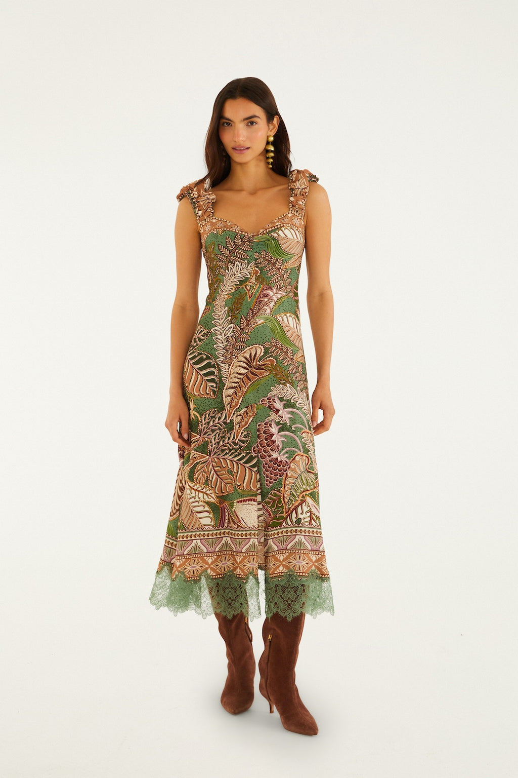 farm rio a line green dress FARM Rio Arabesque Floral Green Long Sleeve Mini Dress