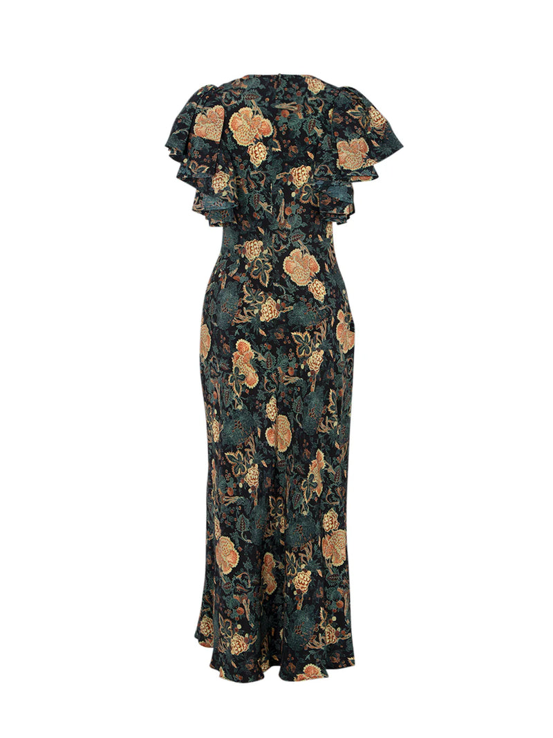 Mariam Silk Bias Cut Flutter Sleeve Dress