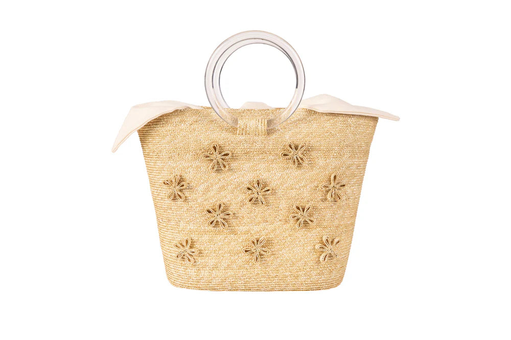 Floral Handbag with Acrylic Handle - Leghorn Straw