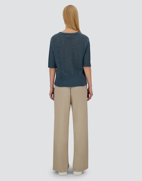 Alpaca Cable Knit Short Sleeve V Neck