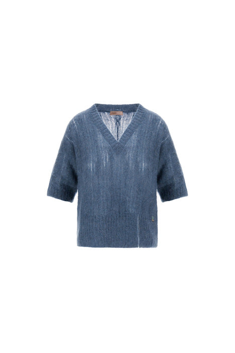 Alpaca Cable Knit Short Sleeve V Neck