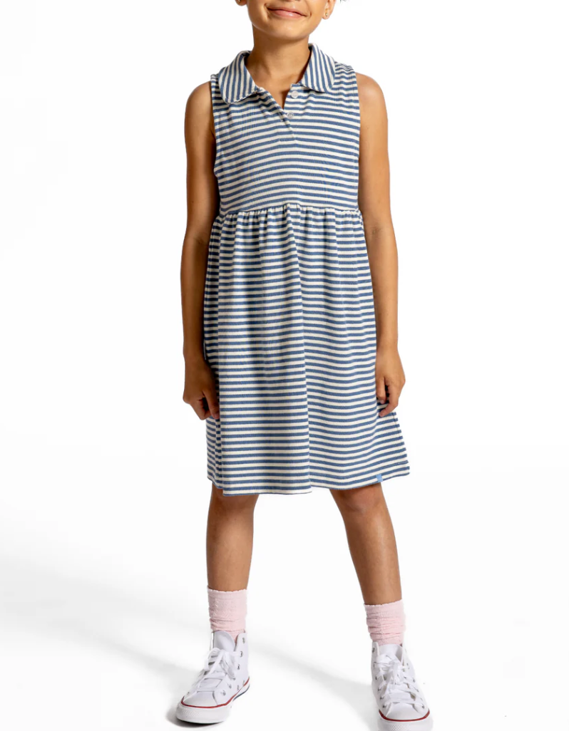 Girls Cream & Denim Blue Stripe Tennis Dress