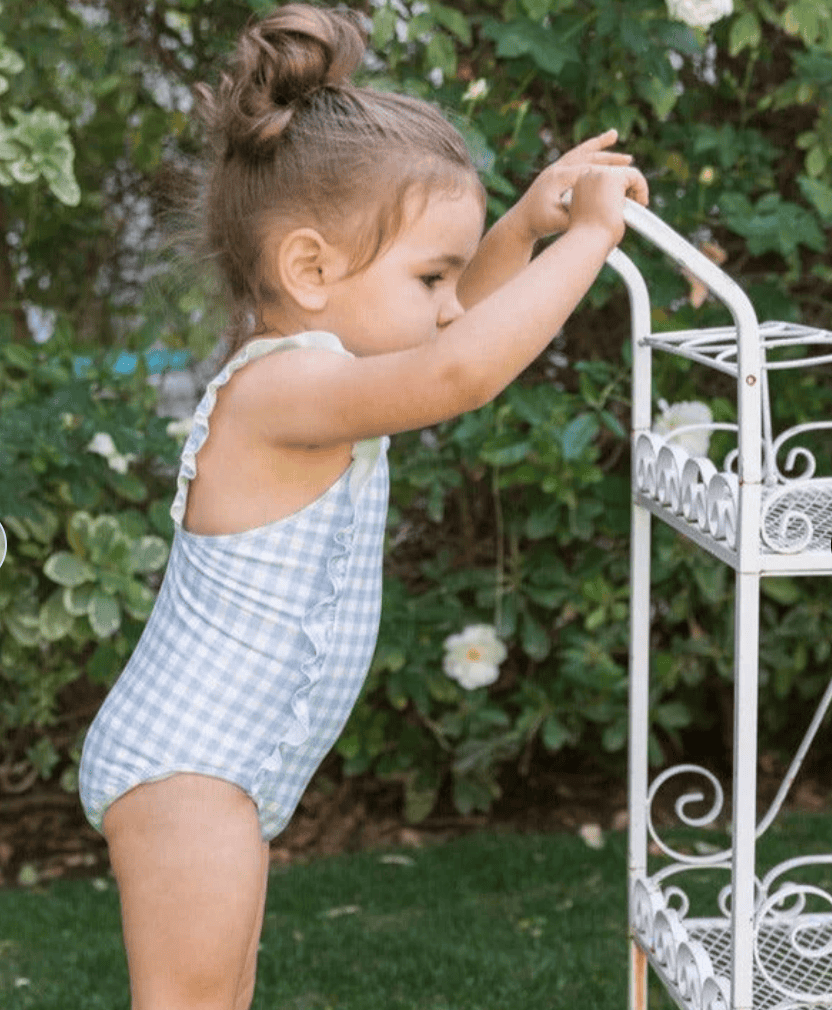 Girls Oasis Blue Gingham Ruffle One Piece