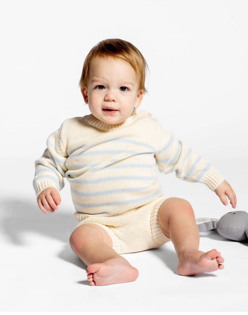 Unisex Cream & Blue Stripe Knit Sweater