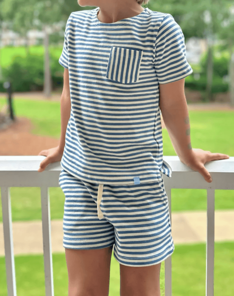 Unisex Cream & Denim Blue Stripe Shorts