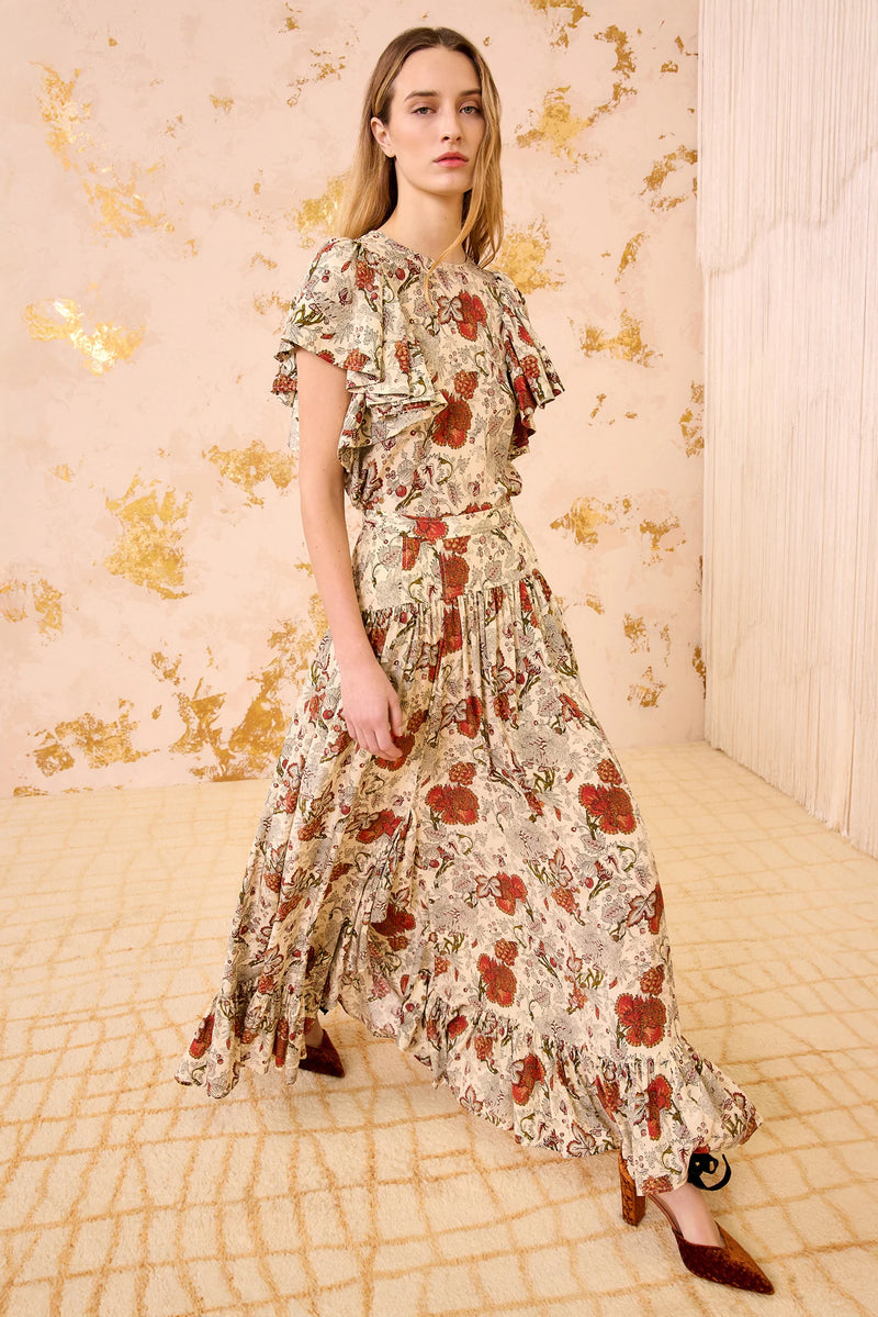 Lilou Silk High Waist Ruffle Midi Skirt