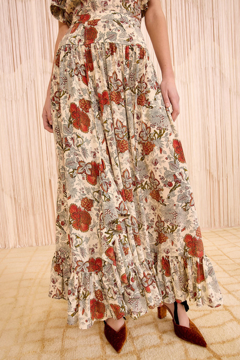 Lilou Silk High Waist Ruffle Midi Skirt