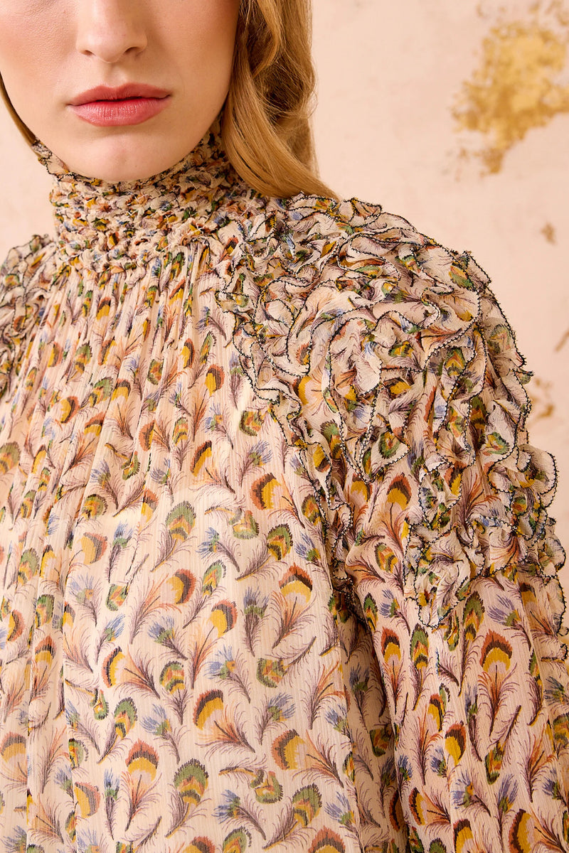 Magdalena Silk Smocked Long Sleeve Blouse