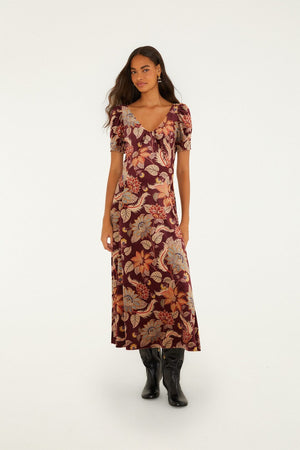 Delhi Floral Burgundy Velvet Maxi Dress