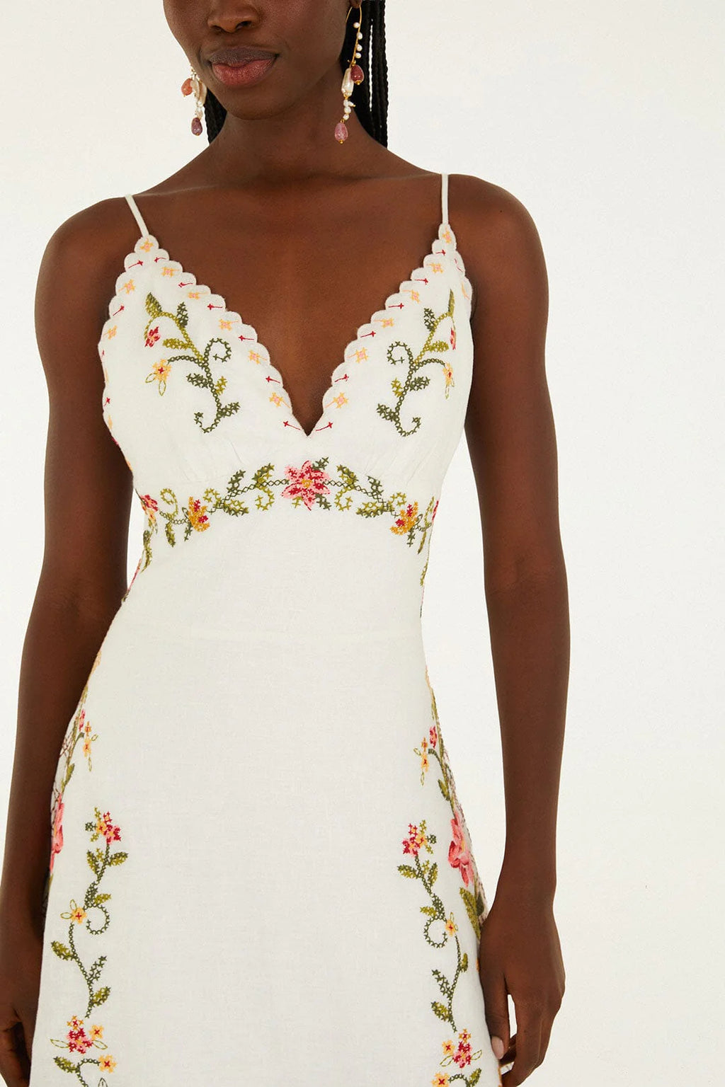 farm rio sleeveless embroidered patchwork midi dress Sleeveless Embroidered Patchwork Midi Dress